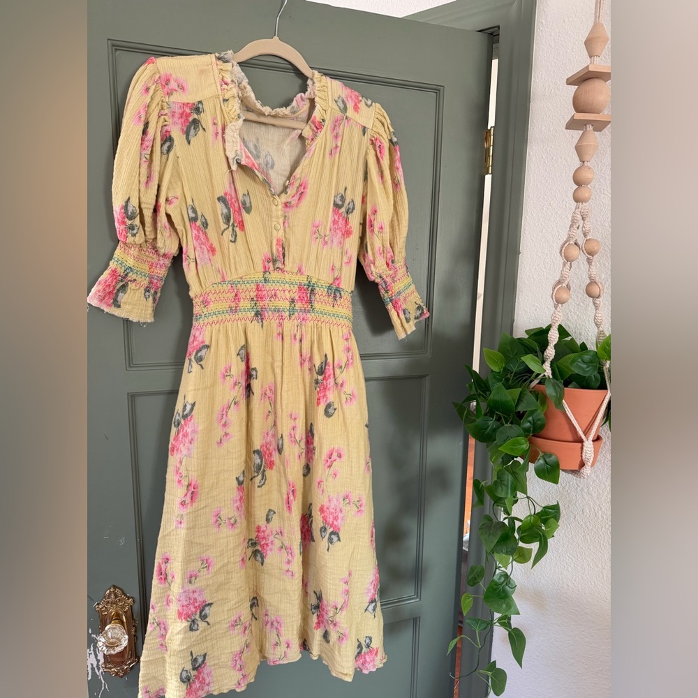 LoveShackFancy Yellow Midi Dress with Pink Floral Print
